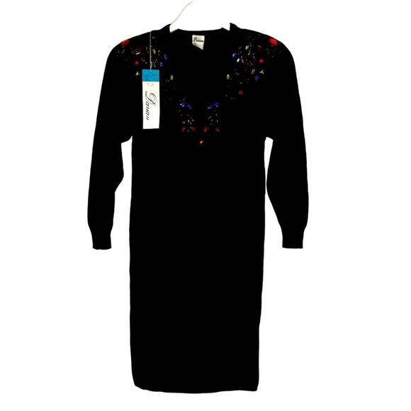 NWT VTG  Long Sleeve Short Sweater Dress Sz Small Black Beaded Rhinestone Detail - Picture 2 of 11